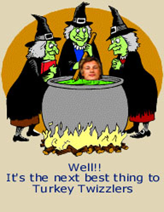 Picture of three witches with a large stew pot cooking a famous personality caption reads well it's the next best thing to Turkey Twizzlers